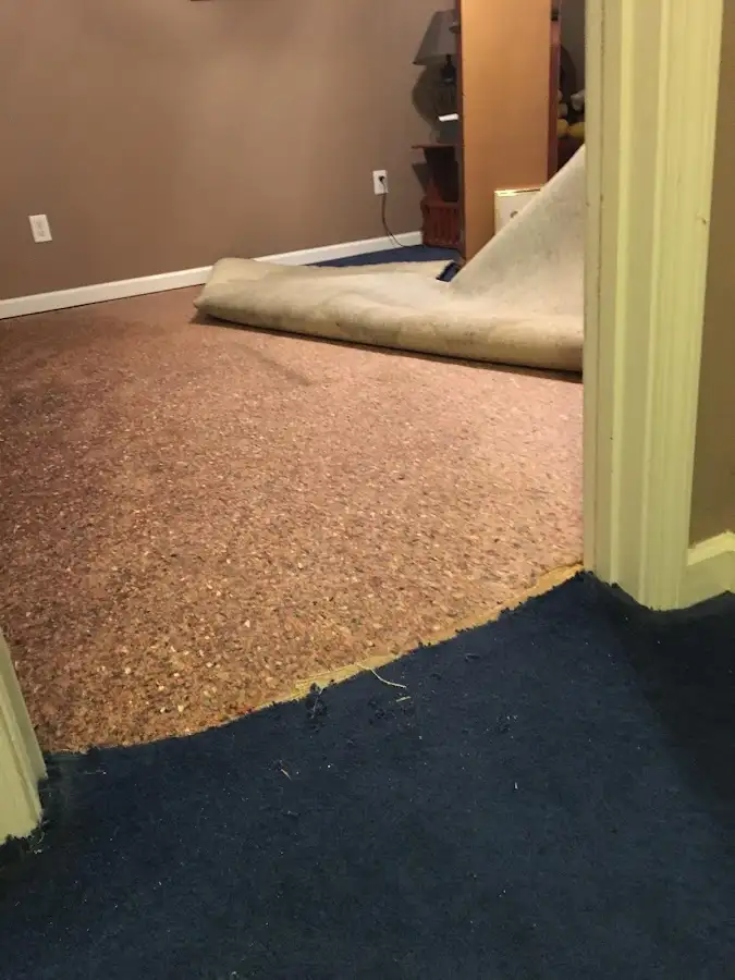Carpet pad removal revealing water damage during Water Mitigation Services in Wawayanda