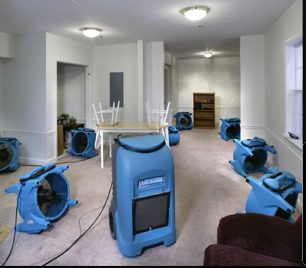 Air movers and dehumidifier setup for Water Damage Restoration in Wawayanda